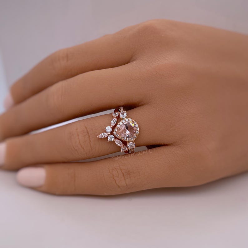 Pear Morganite Art Deco Engagement Ring Set, Diamond Bridal Set, Art Deco Rings, Sterling Silver, Bridal Ring Set Morganite Simulate Diamond