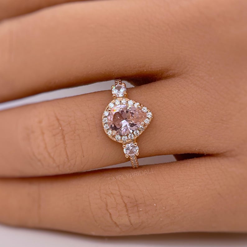 Pear Morganite Art Deco Engagement Ring Set, Diamond Bridal Set, Art Deco Rings, Sterling Silver, Bridal Ring Set Morganite Simulate Diamond