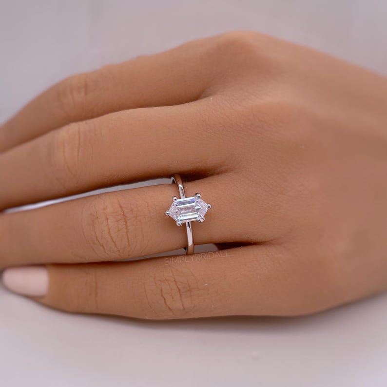 1.00ct Elongated Hexagon Ring, Hexagon Solitaire Engagement Ring, Bridal Ring, 6 Claw Long Hexagon Ring, Sterling Silver with Vermeil