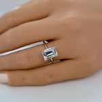 Load image into Gallery viewer, 4.00ct Emerald Cut Moissanite Engagement Ring, Thin Emerald Solitaire, Hidden Halo, Long Emerald Moissanite Ring, Silver Vermeil, 14k
