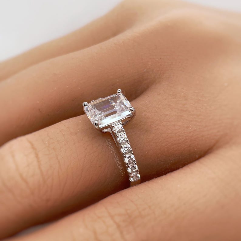 2.00ct Emerald Cut Moissanite Engagement Ring, Emerald Cut Cathedral Setting Ring, Sterling Silver with Vermeil