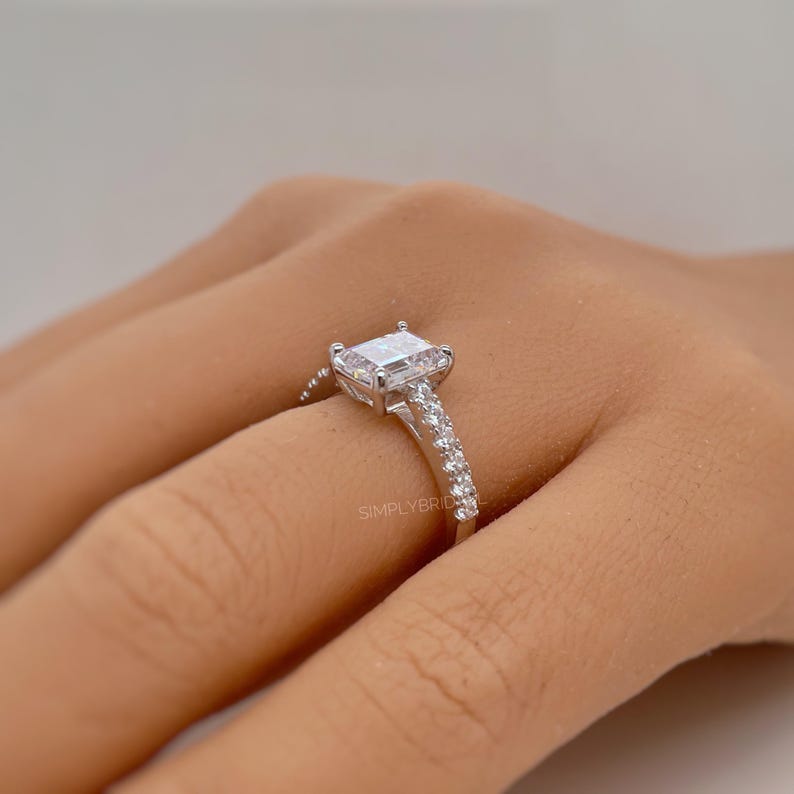 2.00ct Emerald Cut Moissanite Engagement Ring, Emerald Cut Cathedral Setting Ring, Sterling Silver with Vermeil