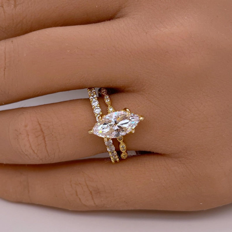 2.00ct Marquise Moissanite Engagement Ring, Art Deco Band, Dainty Marquise Bridal Ring, Sterling Silver with Vermeil