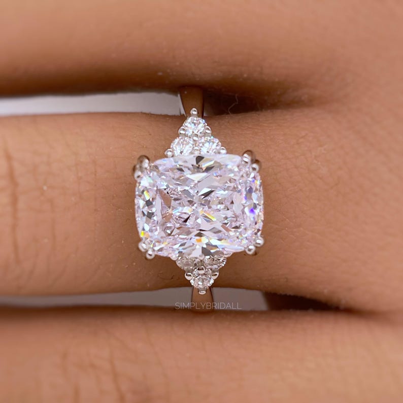 4.00ct Elongated Cushion Cut Moissanite Engagement Ring, Double Prong Side Accents, Long Cushion Cut Moissanite Sterling Silver with Vermeil