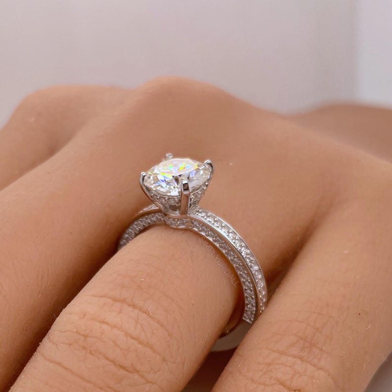 2.00ct Round Moissanite Engagement Ring, 4 Prong Genuine Moissanite, Hidden Halo, Bridal Ring, Proposal Ring, Sterling Silver with Vermeil