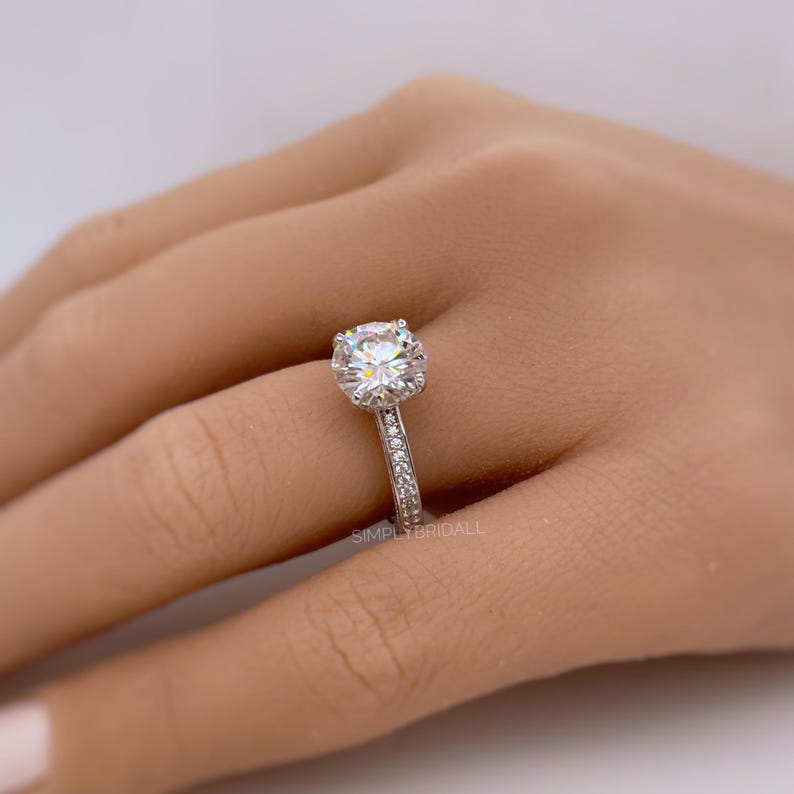 2.00ct Round Moissanite Engagement Ring, 4 Prong Genuine Moissanite, Hidden Halo, Bridal Ring, Proposal Ring, Sterling Silver with Vermeil