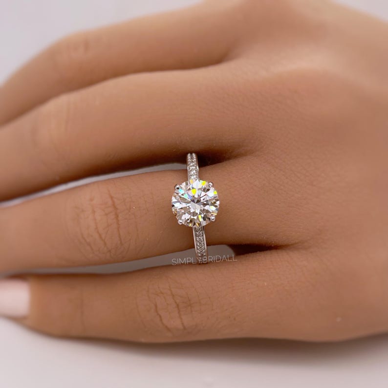 2.00ct Round Moissanite Engagement Ring, 4 Prong Genuine Moissanite, Hidden Halo, Bridal Ring, Proposal Ring, Sterling Silver with Vermeil