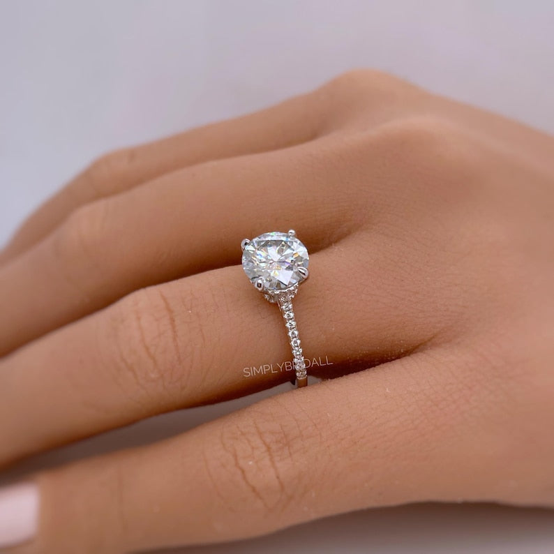 2.00ct Round Moissanite Engagement Ring, Hidden Halo, Moissanite Bridal Ring, Proposal Ring, Sterling Silver with Vermeil, 14k Gold