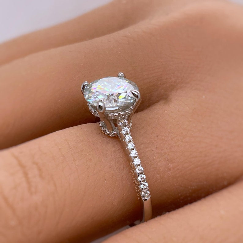 2.00ct Round Moissanite Engagement Ring, Hidden Halo, Moissanite Bridal Ring, Proposal Ring, Sterling Silver with Vermeil, 14k Gold