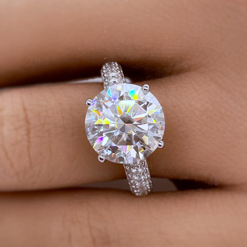 5.00ct Round Moissanite Engagement Ring, 4 Prong Large Genuine Moissanite, Bridal Ring, Proposal Ring, Sterling Silver with Vermeil