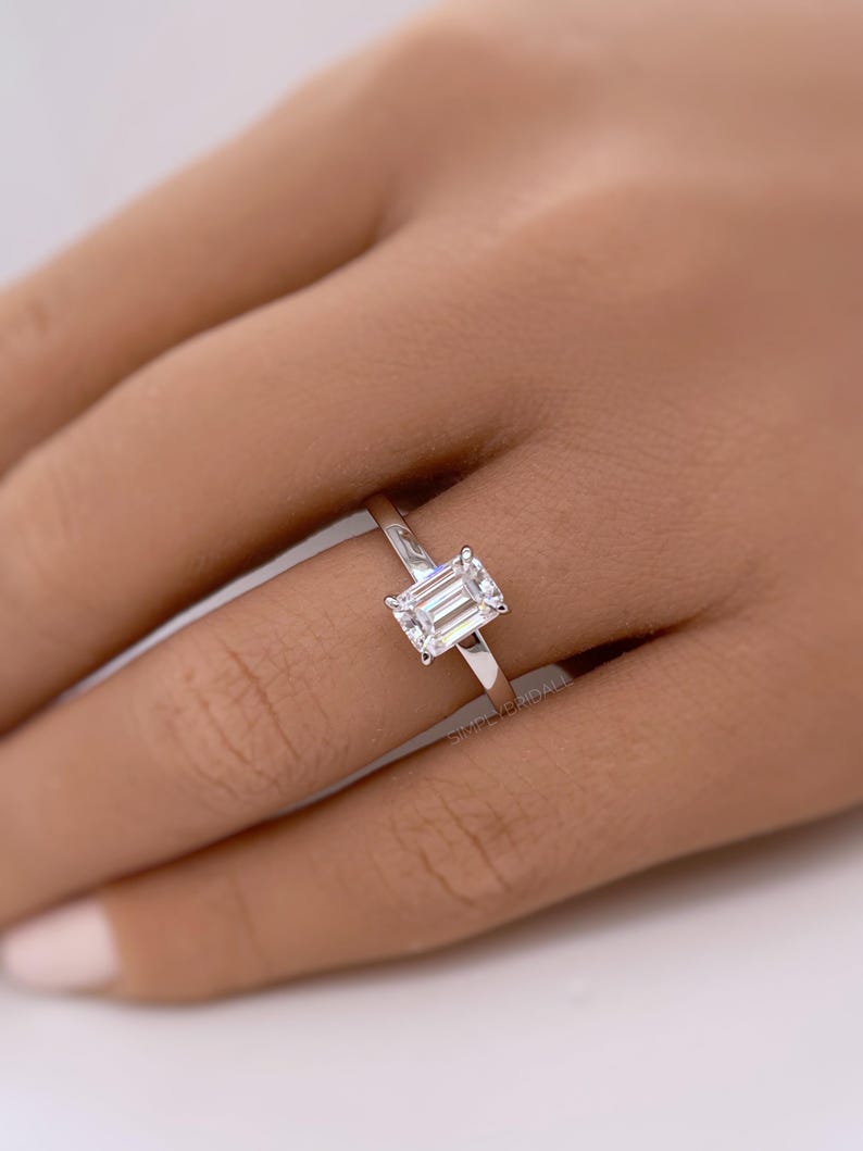 1.00ct Emerald Cut Moissanite Engagement Ring, Emerald Cut Solitaire Ring, Genuine Moissanite GRA Certified, Sterling Silver with Vermeil