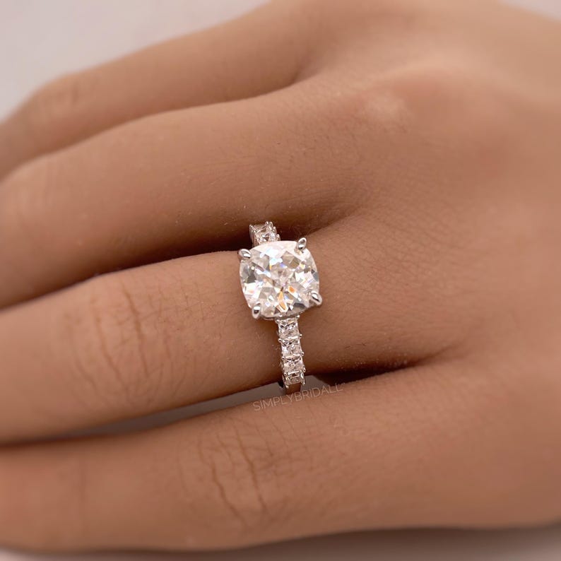2.00ct Cushion Cut Moissanite Engagement Ring, Old European Cut Rose Cut Moissanite, Genuine Cushion Moissanite Bridal Ring, Sterling Silver