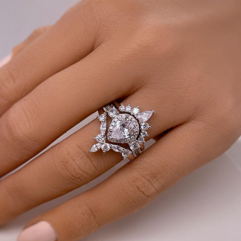 3 Ring Pear Halo Ring Set, 1.00ct Pear Halo, Art Deco Pear Marquise Band, Teardrop Engagement Ring Set, Wedding Set Sterling Silver, Vermeil