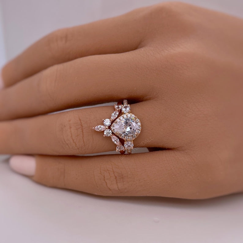 Teardrop Art Deco Engagement Ring Set, Diamond Bridal Set, Art Deco Fitted Ring Set, Sterling Silver, Bridal Ring Set Simulate Diamonds
