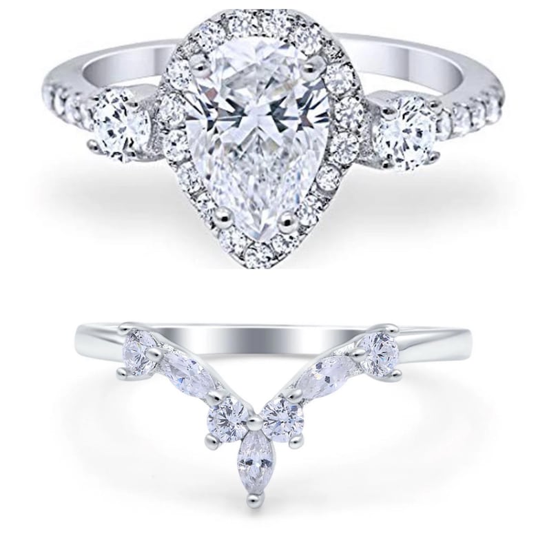 Teardrop Art Deco Engagement Ring Set, Diamond Bridal Set, Art Deco Fitted Ring Set, Sterling Silver, Bridal Ring Set Simulate Diamonds