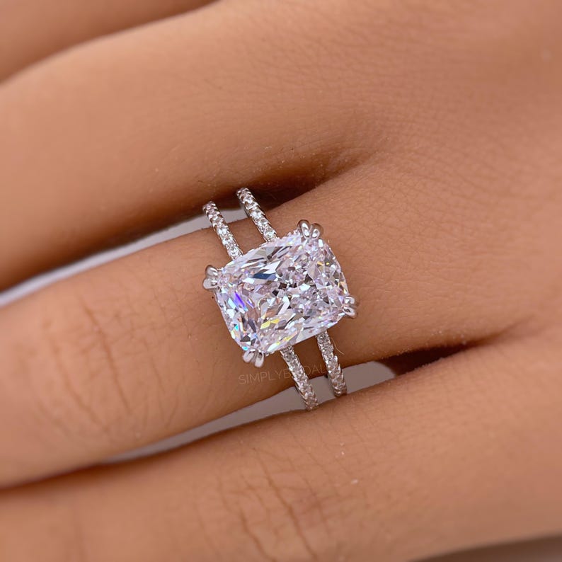 3.50 Elongated Cushion Cut Moissanite Engagement Ring, Split Band, Double Band, Long Cushion Cut Moissanite, Sterling Silver with Vermeil
