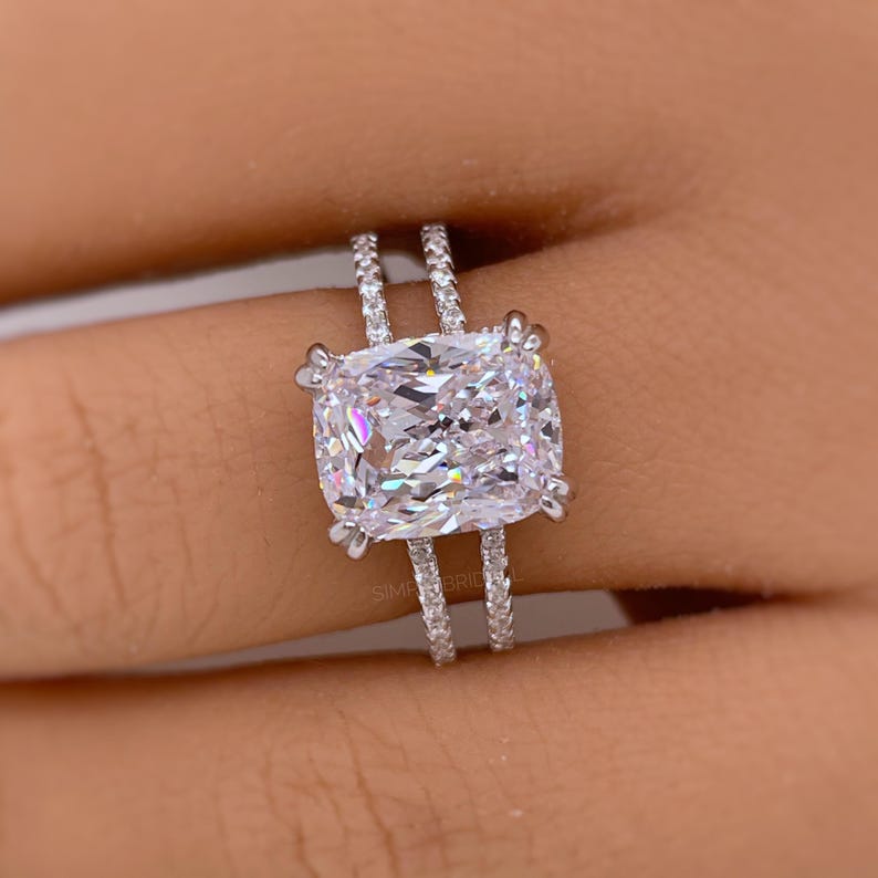 3.50 Elongated Cushion Cut Moissanite Engagement Ring, Split Band, Double Band, Long Cushion Cut Moissanite, Sterling Silver with Vermeil