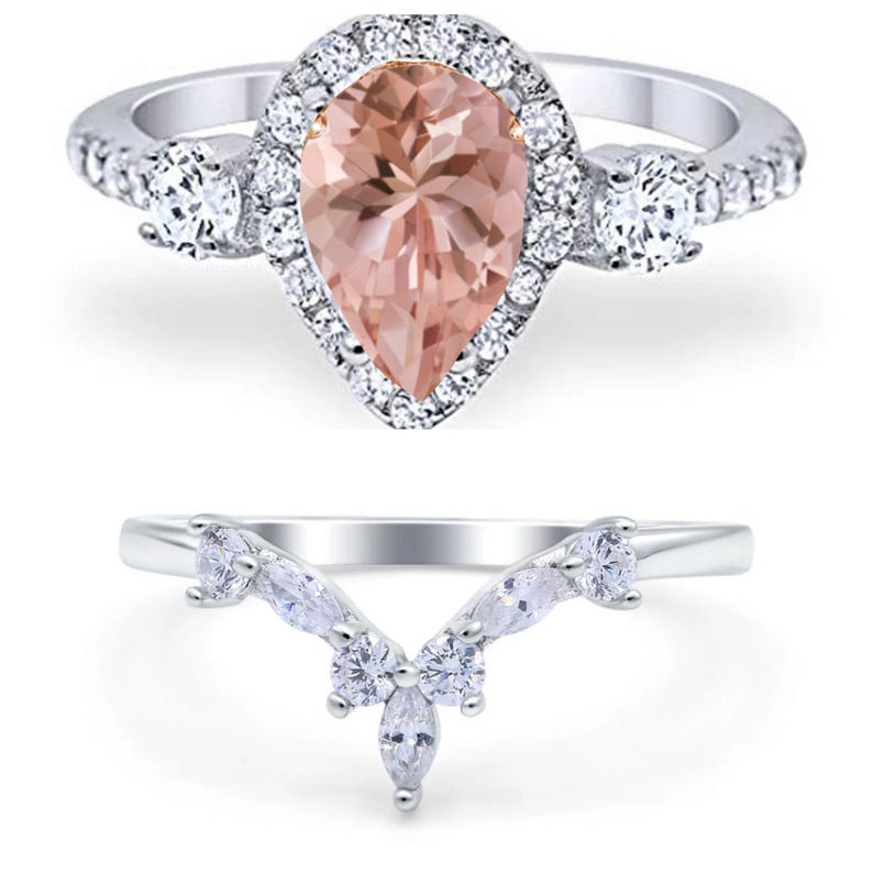 Pear Morganite Art Deco Engagement Ring Set, Diamond Bridal Set, Art Deco Rings, Sterling Silver, Bridal Ring Set Morganite Simulate Diamond
