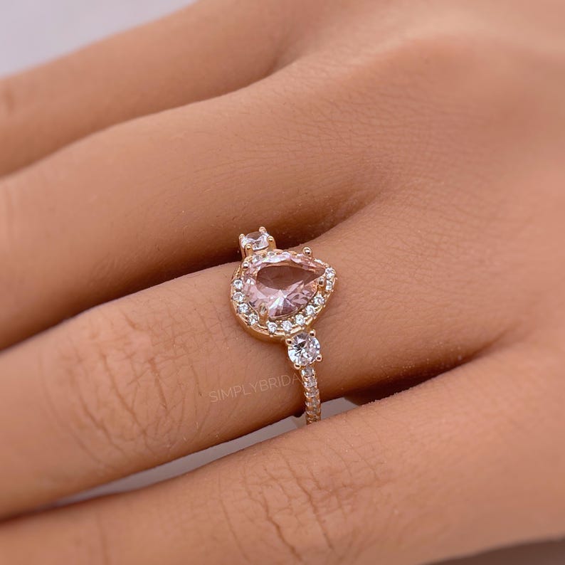 Pear Morganite Art Deco Engagement Ring Set, Diamond Bridal Set, Art Deco Rings, Sterling Silver, Bridal Ring Set Morganite Simulate Diamond