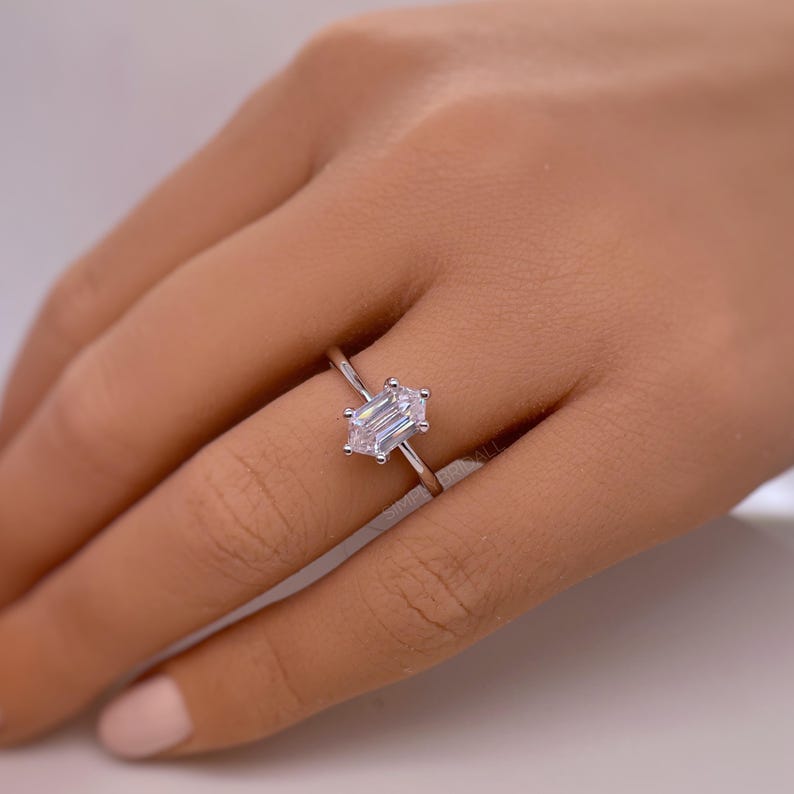 1.00ct Elongated Hexagon Ring, Hexagon Solitaire Engagement Ring, Bridal Ring, 6 Claw Long Hexagon Ring, Sterling Silver with Vermeil