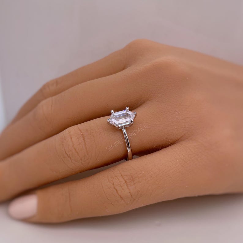 1.00ct Elongated Hexagon Ring, Hexagon Solitaire Engagement Ring, Bridal Ring, 6 Claw Long Hexagon Ring, Sterling Silver with Vermeil