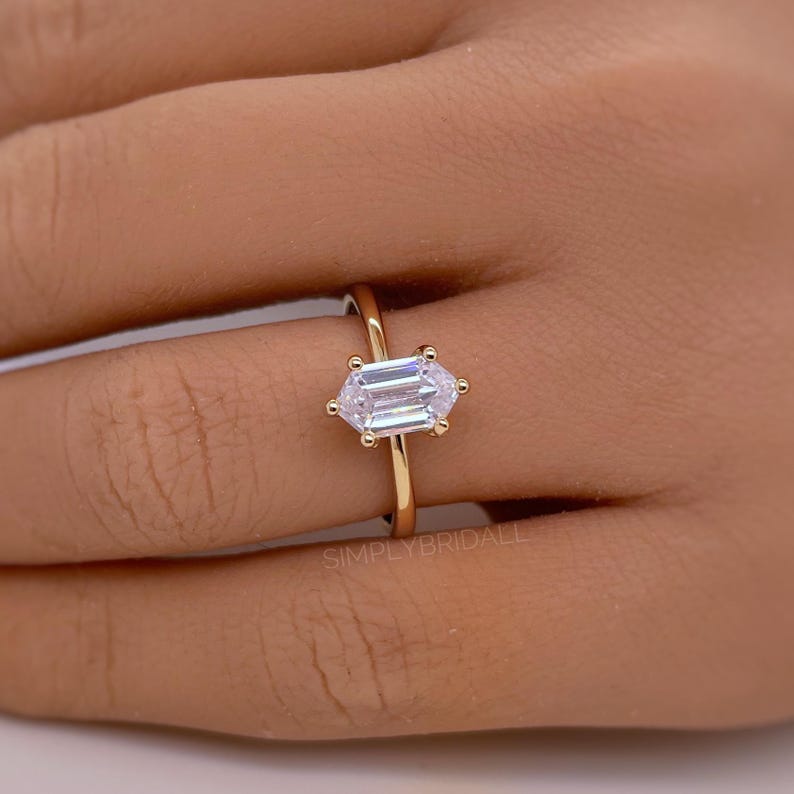 1.00ct Elongated Hexagon Ring, Hexagon Solitaire Engagement Ring, Bridal Ring, 6 Claw Long Hexagon Ring, Sterling Silver with Vermeil