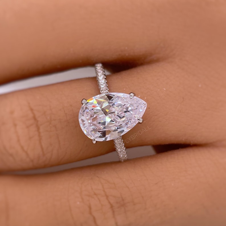 3.00ct Pear Moissanite Engagement Ring, Teardrop Solitaire Ring, Hidden Halo Bridal Ring, Proposal Ring, Pear Moissanite Ring
