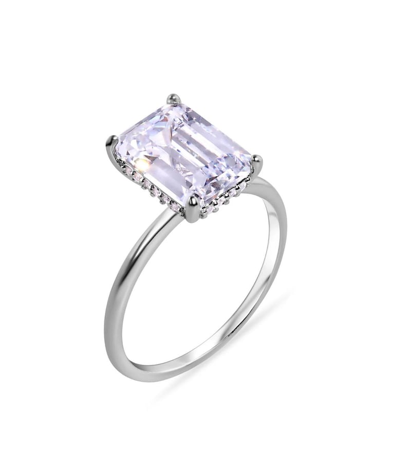 4.00ct Emerald Cut Moissanite Engagement Ring, Thin Emerald Solitaire, Hidden Halo, Long Emerald Moissanite Ring, Silver Vermeil, 14k