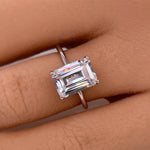 Load image into Gallery viewer, 4.00ct Emerald Cut Moissanite Engagement Ring, Thin Emerald Solitaire, Hidden Halo, Long Emerald Moissanite Ring, Silver Vermeil, 14k