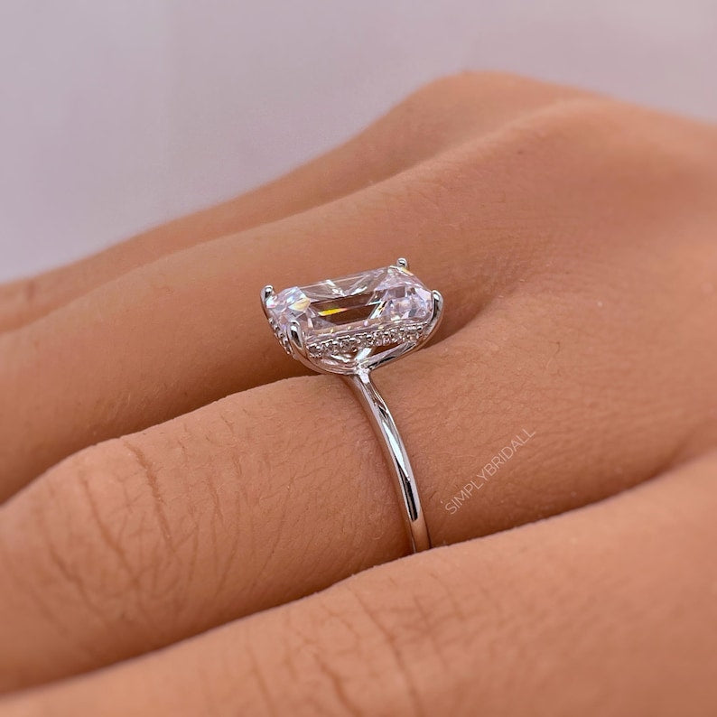 4.00ct Emerald Cut Moissanite Engagement Ring, Thin Emerald Solitaire, Hidden Halo, Long Emerald Moissanite Ring, Silver Vermeil, 14k