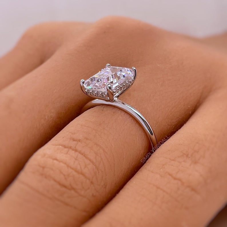 4.00ct Emerald Cut Moissanite Engagement Ring, Thin Emerald Solitaire, Hidden Halo, Long Emerald Moissanite Ring, Silver Vermeil, 14k