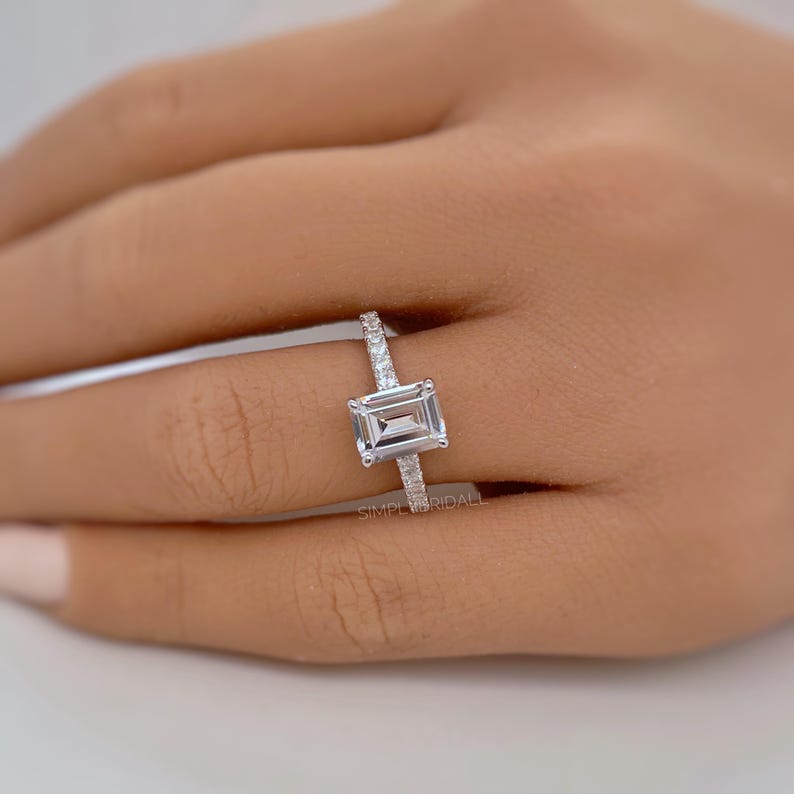 2.00ct Emerald Cut Moissanite Engagement Ring, Emerald Cut Cathedral Setting Ring, Sterling Silver with Vermeil