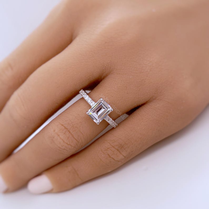 2.00ct Emerald Cut Moissanite Engagement Ring, Emerald Cut Cathedral Setting Ring, Sterling Silver with Vermeil