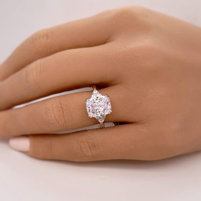 4.00ct Elongated Cushion Cut Moissanite Engagement Ring, Double Prong Side Accents, Long Cushion Cut Moissanite Sterling Silver with Vermeil