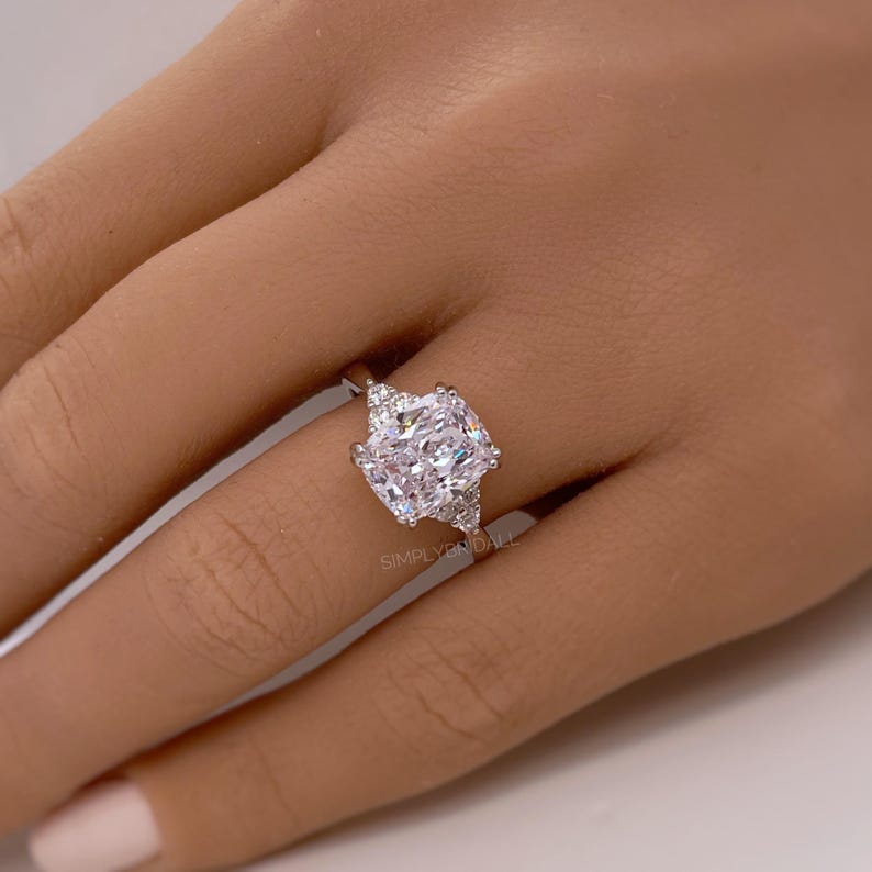 4.00ct Elongated Cushion Cut Moissanite Engagement Ring, Double Prong Side Accents, Long Cushion Cut Moissanite Sterling Silver with Vermeil