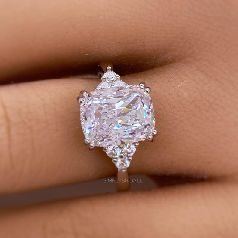 4.00ct Elongated Cushion Cut Moissanite Engagement Ring, Double Prong Side Accents, Long Cushion Cut Moissanite Sterling Silver with Vermeil