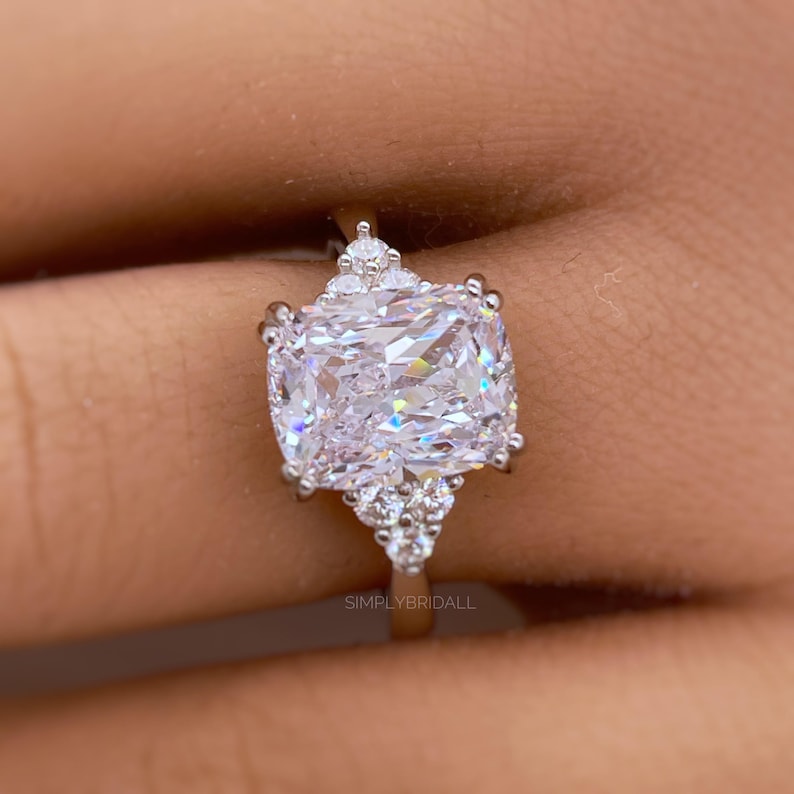 Elongated Cushion Cut 3.50ct Lab Diamond Engagement Ring: 14k Gold Double Prong, IGI Certified