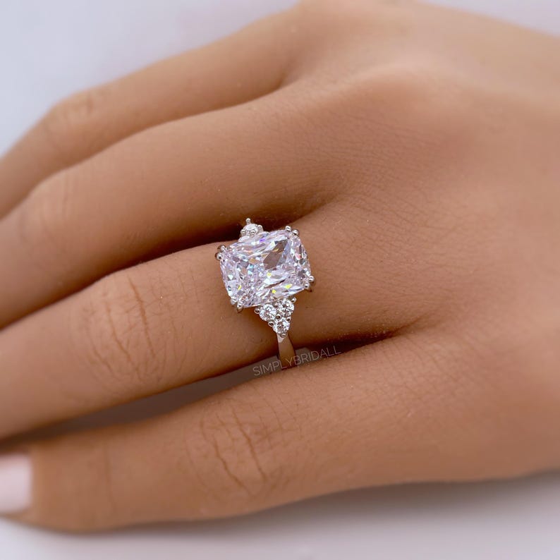 3.50 Elongated Cushion Cut Moissanite Engagement Ring, Double Prong, Side Accents, Long Cushion Cut Moissanite, Sterling Silver with Vermeil