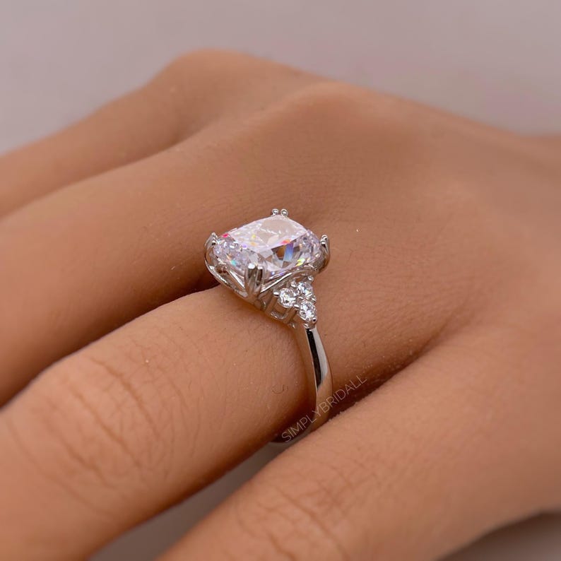 3.50 Elongated Cushion Cut Moissanite Engagement Ring, Double Prong, Side Accents, Long Cushion Cut Moissanite, Sterling Silver with Vermeil