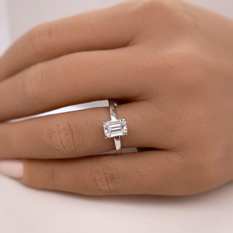 1.00ct Emerald Cut Moissanite Engagement Ring, Emerald Cut Solitaire Ring, Genuine Moissanite GRA Certified, Sterling Silver with Vermeil