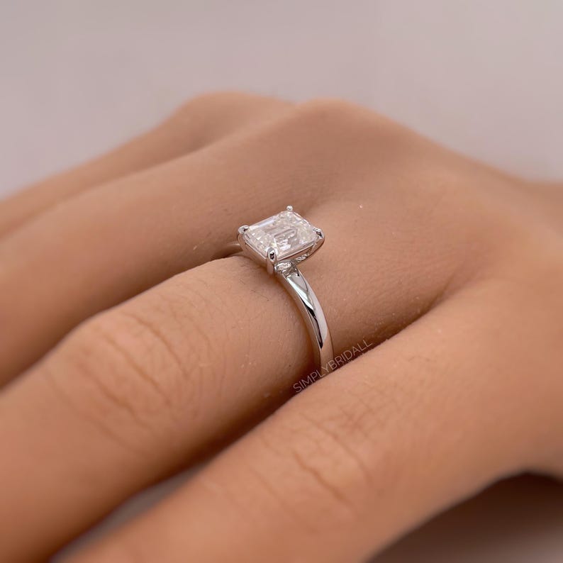 1.00ct Emerald Cut Moissanite Engagement Ring, Emerald Cut Solitaire Ring, Genuine Moissanite GRA Certified, Sterling Silver with Vermeil