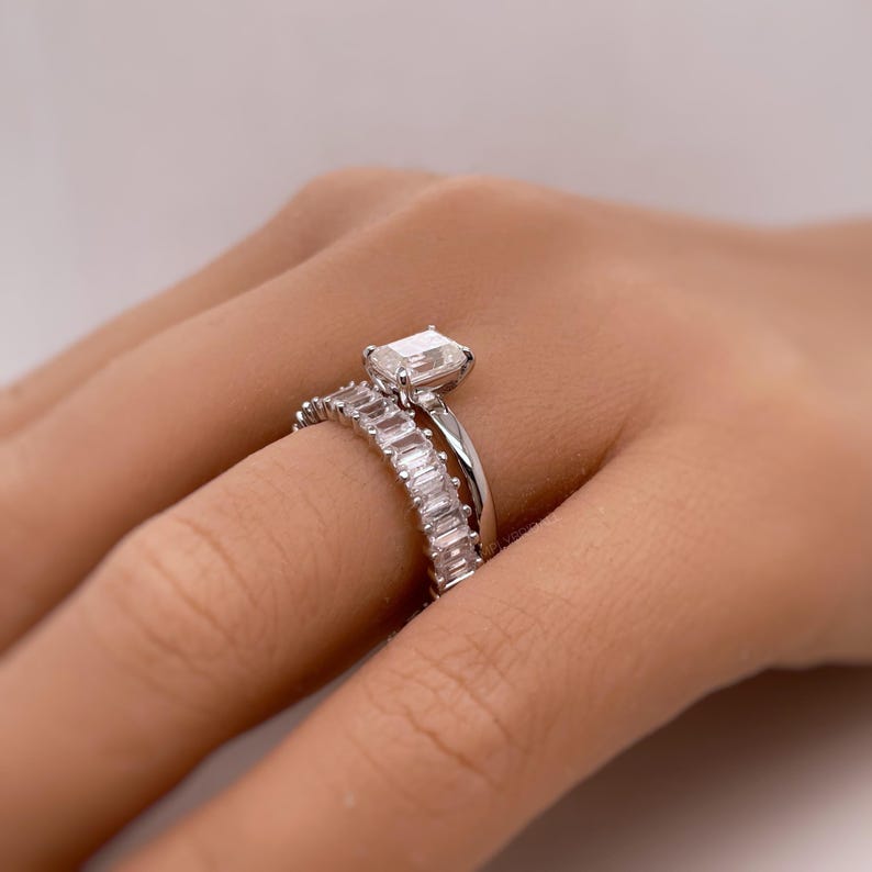 1.00ct Emerald Cut Moissanite Engagement Ring, Emerald Cut Solitaire Ring, Genuine Moissanite GRA Certified, Sterling Silver with Vermeil
