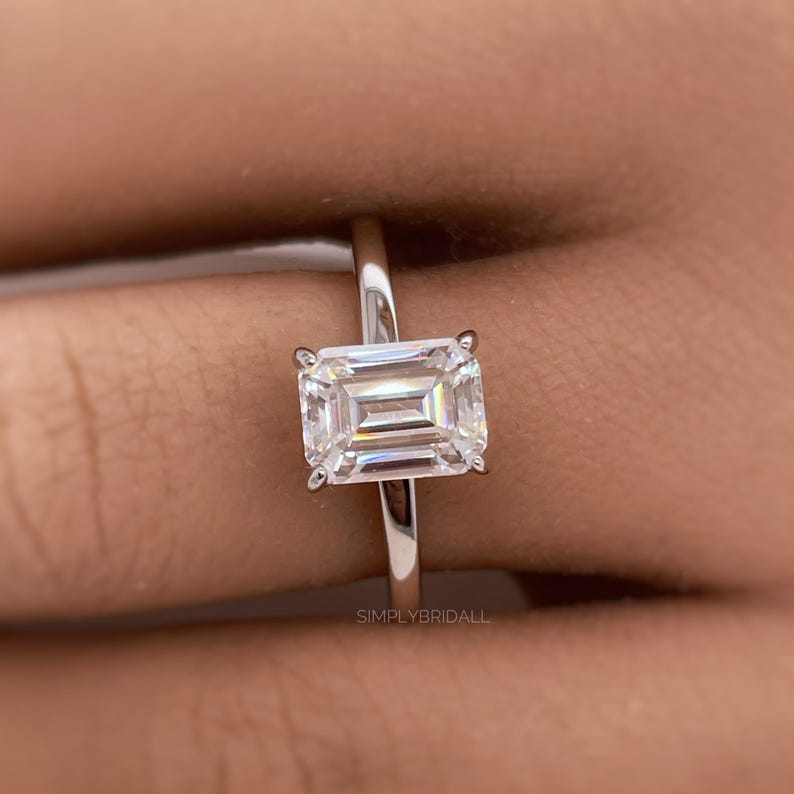 2.00ct Emerald Cut Moissanite Engagement Ring, Emerald Cut Solitaire Ring, Genuine Moissanite GRA Certified, Sterling Silver with Vermeil