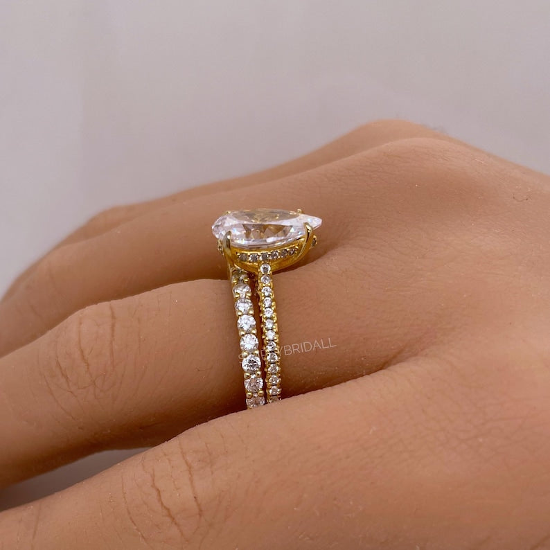 3.00ct Pear Diamond Engagement Ring, Hidden Halo Claw Prong Teardrop Solitaire, Bridal Ring, Proposal Ring, Simulated Diamond