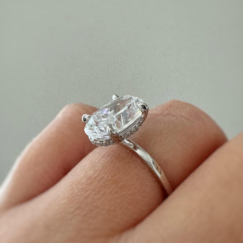 3.00ct Oval Moissanite Engagement Ring, Hidden Halo, Oval Moissanite Ring, Bridal Ring, Sterling Silver with Vermeil or 14k Gold 12x8 Oval
