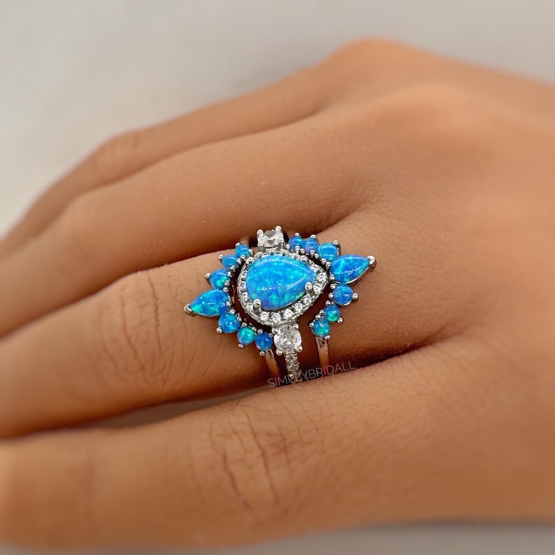 Blue Opal Engagement Ring Set, 3 Ring Set Art Deco Fitted Blue Opal Ring Set, Blue Opal Bridal Set, Wedding Ring Blue Opal Band, Bridal Set
