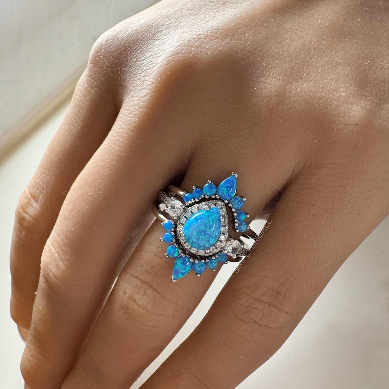 Blue Opal Engagement Ring Set, 3 Ring Set Art Deco Fitted Blue Opal Ring Set, Blue Opal Bridal Set, Wedding Ring Blue Opal Band, Bridal Set