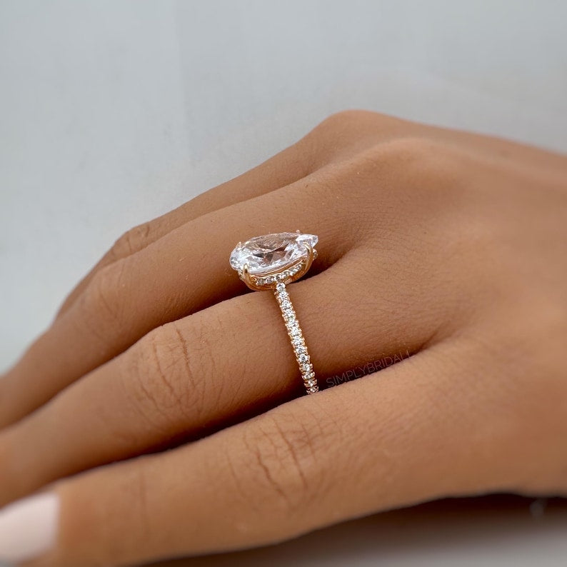3.00ct Pear Diamond Engagement Ring, Hidden Halo Claw Prong Teardrop Solitaire, Bridal Ring, Proposal Ring, Simulated Diamond
