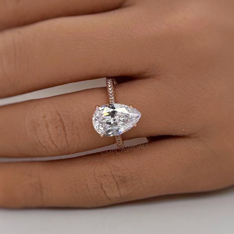 3.00ct Pear Moissanite Engagement Ring, Teardrop Solitaire Ring, Hidden Halo Bridal Ring, Proposal Ring, Pear Moissanite Ring