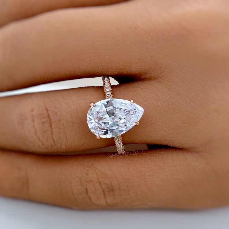 3.00ct Pear Moissanite Engagement Ring, Teardrop Solitaire Ring, Hidden Halo Bridal Ring, Proposal Ring, Pear Moissanite Ring